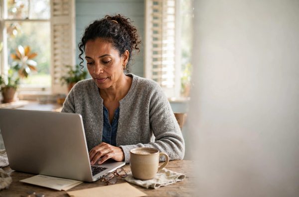 Woman paying a bill on her laptop at a kitchen table